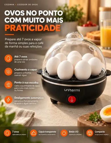 Cozedor de ovos elétrico portátil a vapor ViaCruz amarelo para até 7 ovos com dosador de água