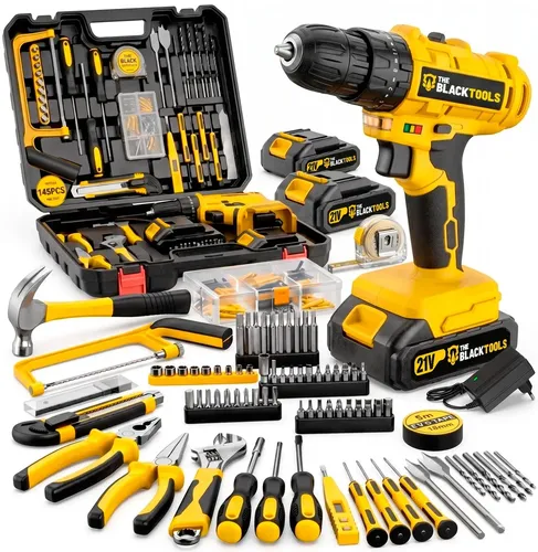 Kit Parafusadeira e Furadeira de Impacto The Black Tools com maleta, 2 baterias de lítio e 145 acessórios
