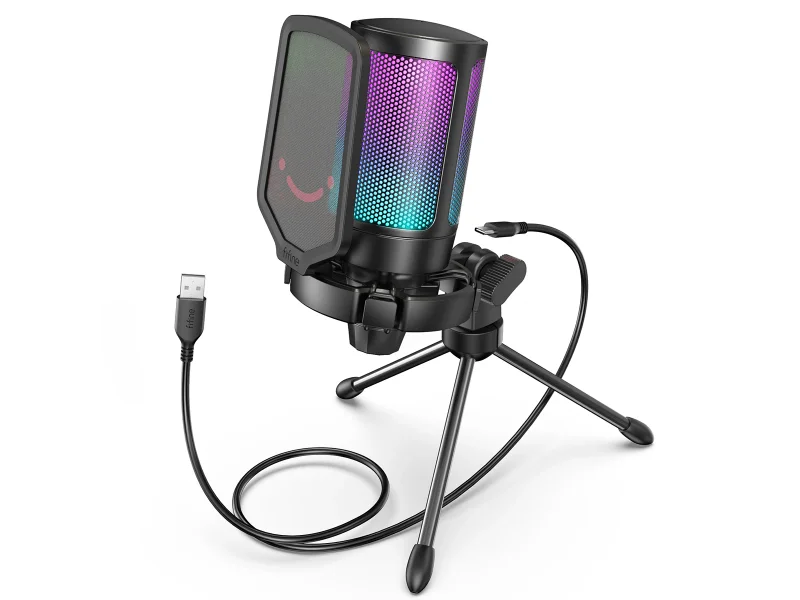FIFINE Microfone Condensador USB para Jogos, para PC PS4 PS5 MAC com Suporte de Choque de Filtro Pop e Controle de Ganho para Podcasts, Ampligame A6V