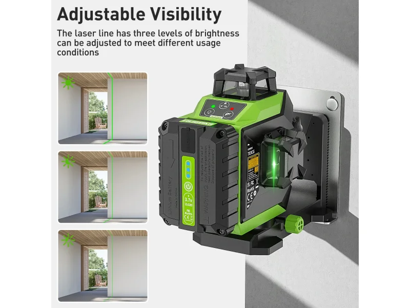 Nível a Laser Huepar 703CG Verde 12 Linhas 3D com Auto Nivelamento, Ajuste de Linha Cruzada e Alinhamento Brilhante, Ferramenta a Laser com Bateria de Íons de Lítio