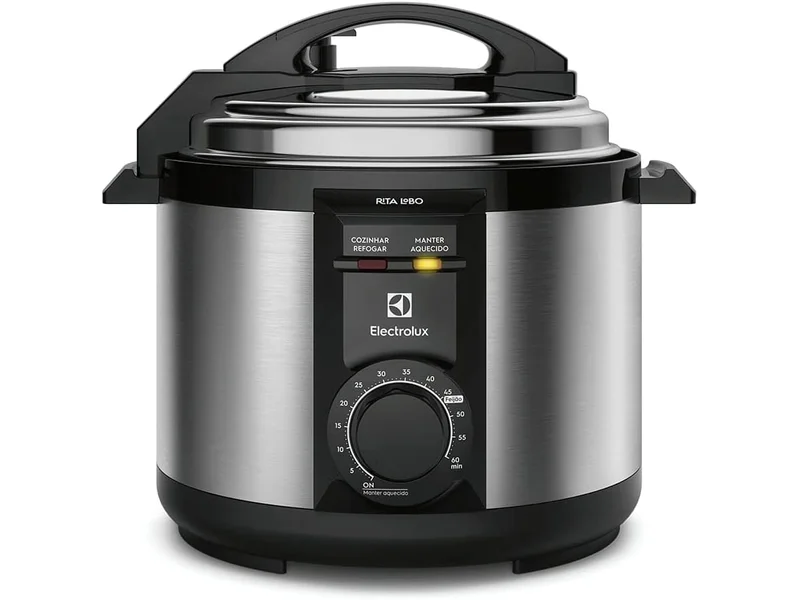 Panela pressão elétrica Electrolux capacidade 5L silenciosa, segura 9 travas, segurança timer feijão manter aquecido, alça antitérmica PCE20 inox 127v por Rita Lobo.